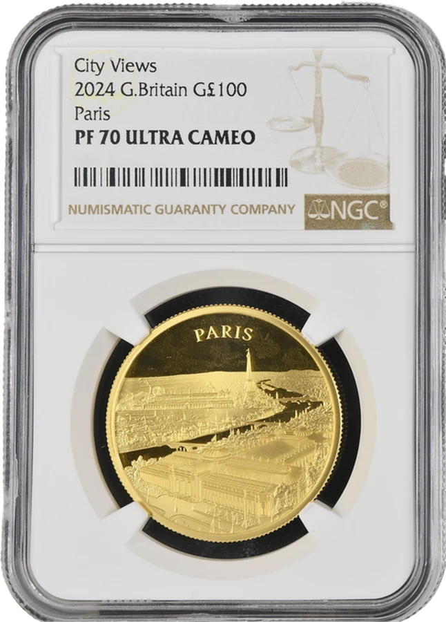 A 2024 City Views Paris one hundred pound gold proof coin graded PF 70 Ultra Cameo, sealed in an NGC holder