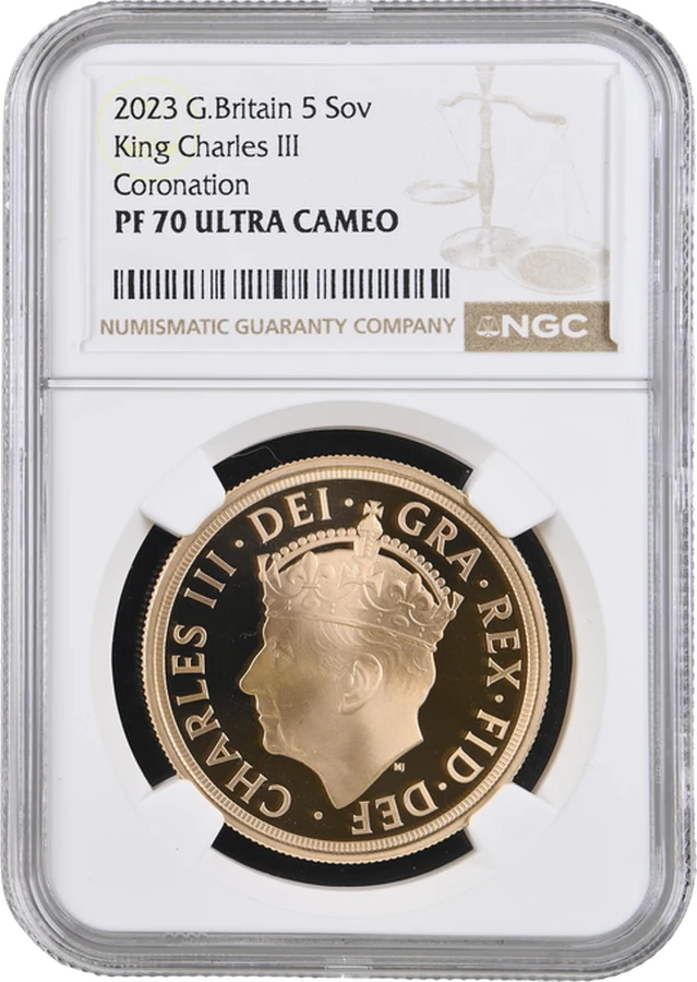 A 2023 five sovereign Coronation gold proof coin graded PF 70 Ultra Cameo, sealed in an NGC holder